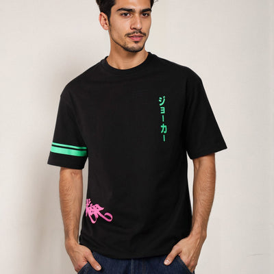 Men's Black Boxy Fit Character Print Crew Neck T-shirt