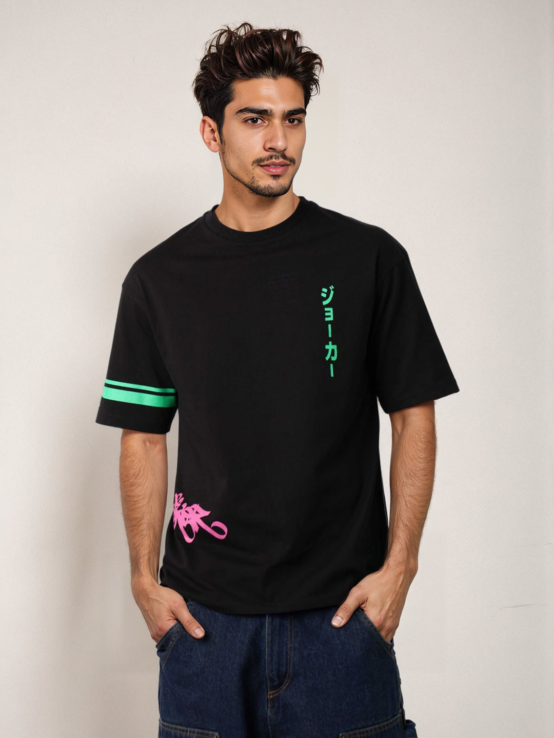 Men's Black Boxy Fit Character Print Crew Neck T-shirt