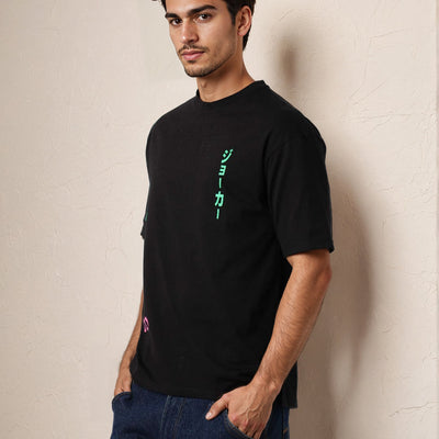 Men's Black Boxy Fit Character Print Crew Neck T-shirt