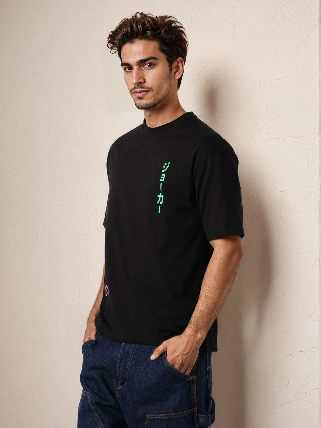 Men's Black Boxy Fit Character Print Crew Neck T-shirt