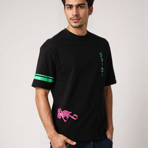 Men's Black Boxy Fit Character Print Crew Neck T-shirt