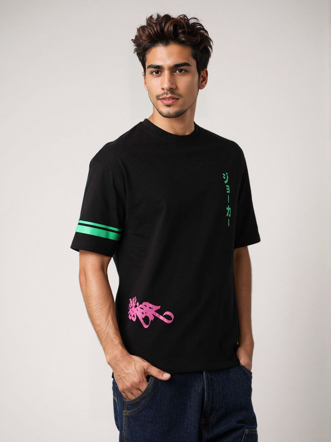 Men's Black Boxy Fit Character Print Crew Neck T-shirt