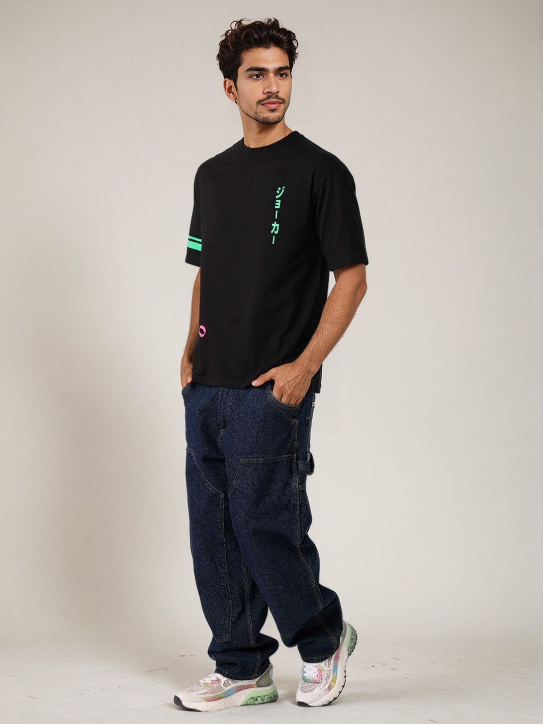 Men's Black Boxy Fit Character Print Crew Neck T-shirt
