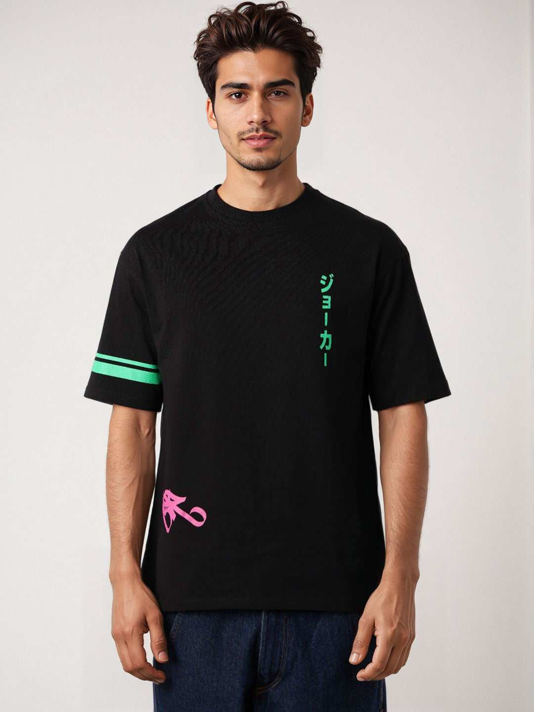 Men's Black Boxy Fit Character Print Crew Neck T-shirt