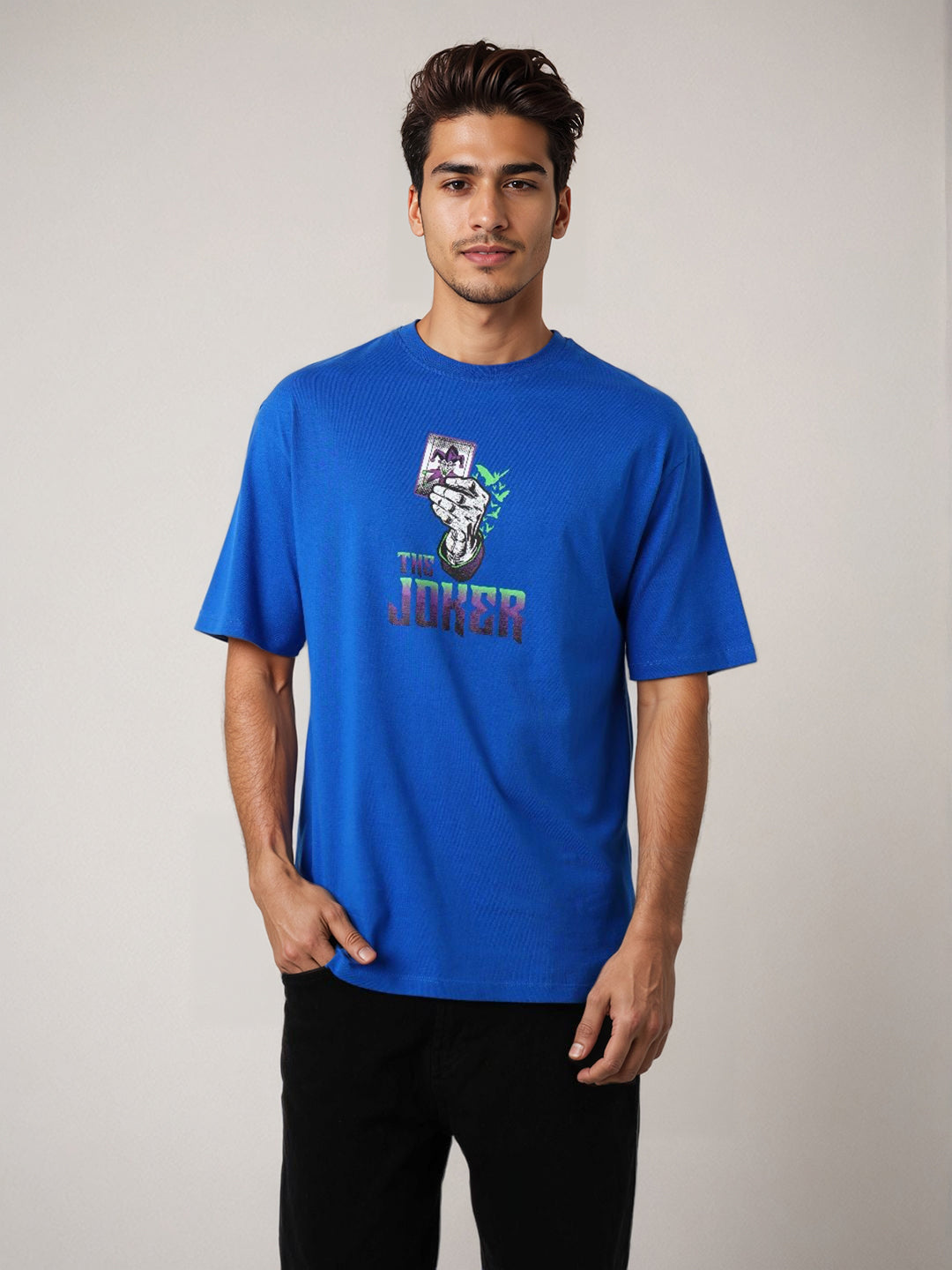 Men's Blue Boxy Fit Character Print Crew Neck T-shirt