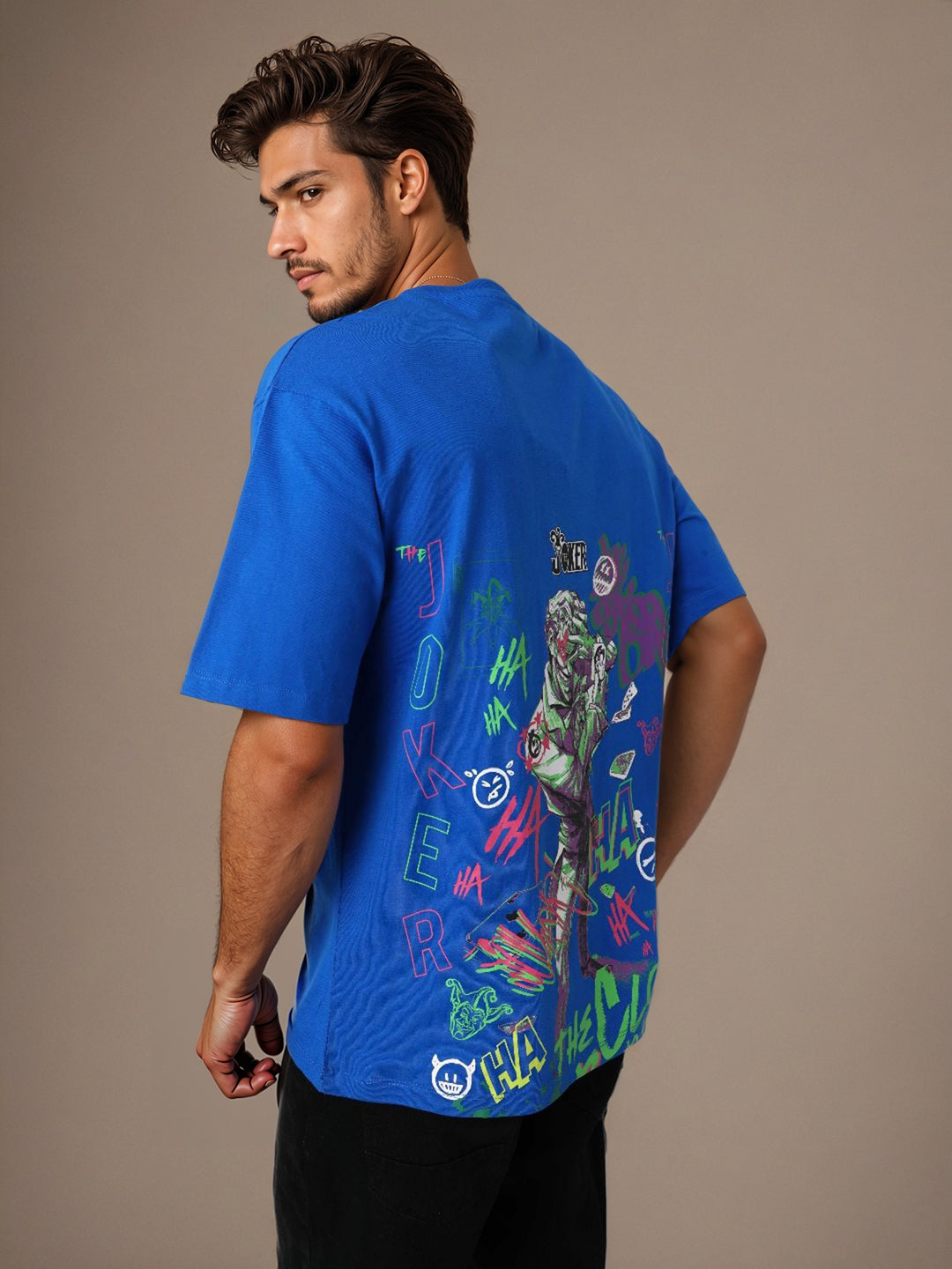 Men's Blue Boxy Fit Character Print Crew Neck T-shirt