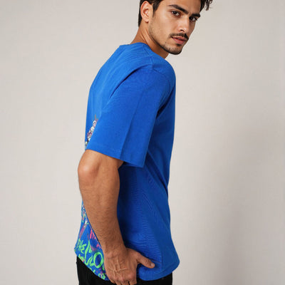 Men's Blue Boxy Fit Character Print Crew Neck T-shirt