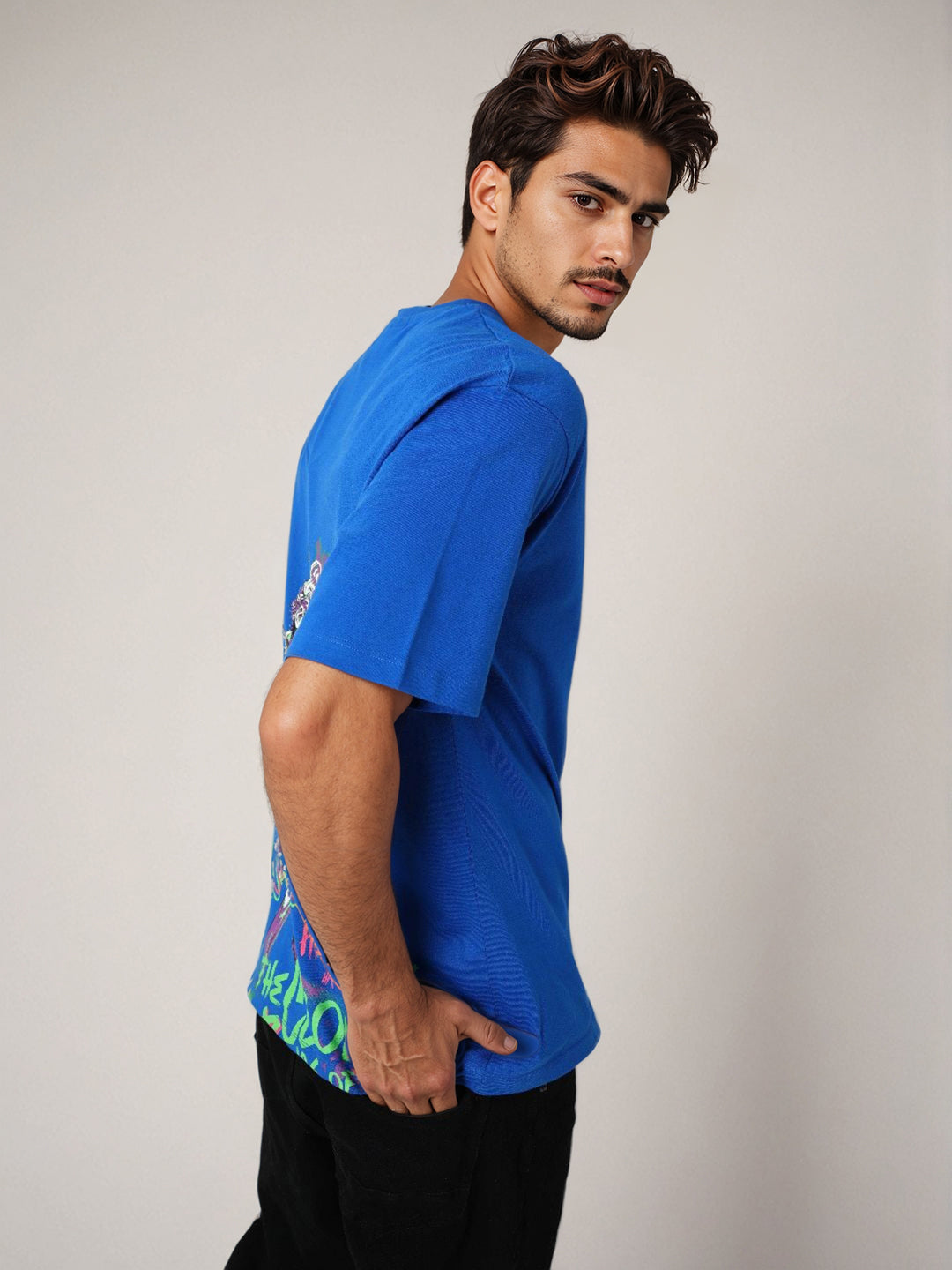 Men's Blue Boxy Fit Character Print Crew Neck T-shirt