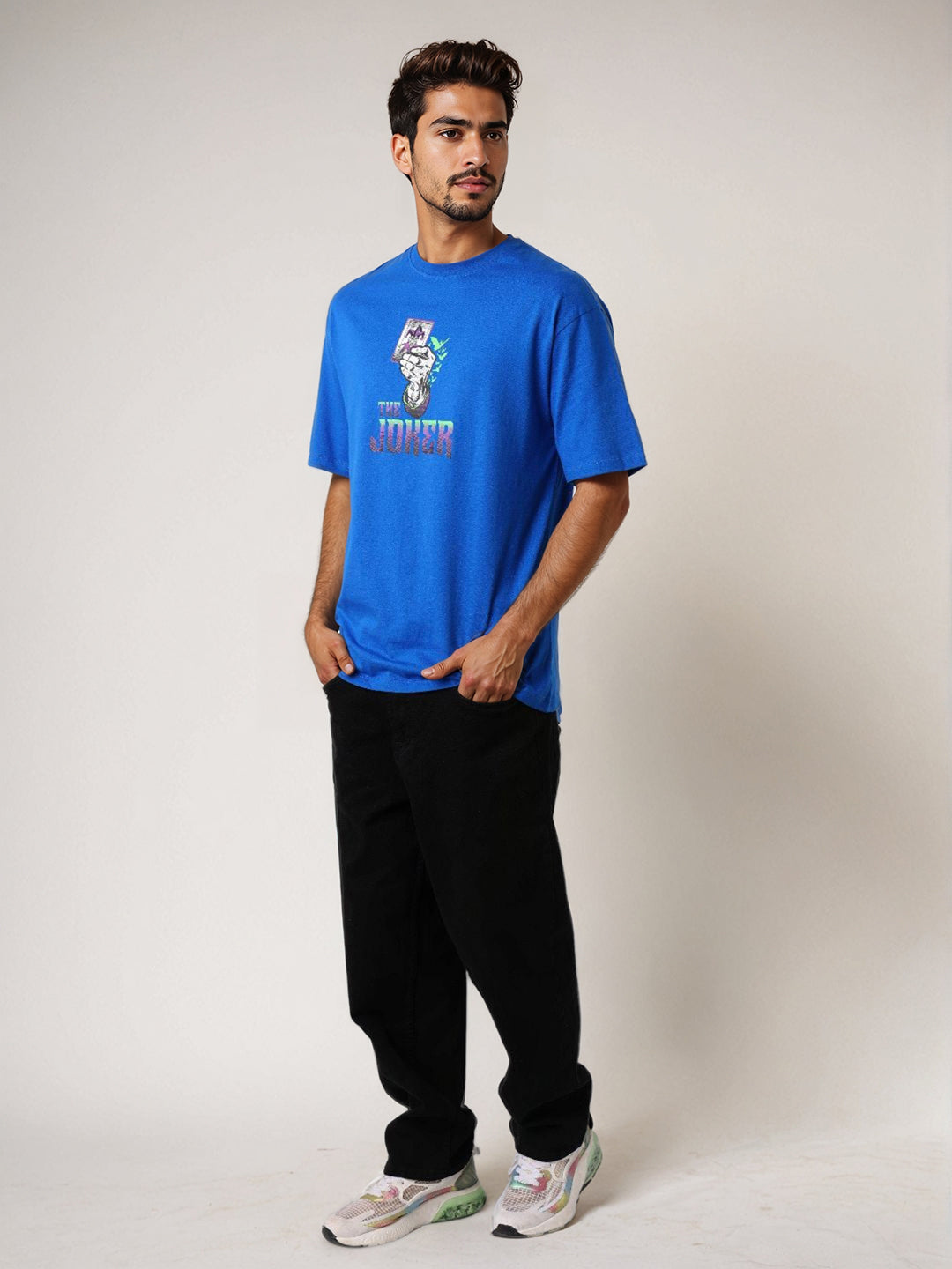 Men's Blue Boxy Fit Character Print Crew Neck T-shirt