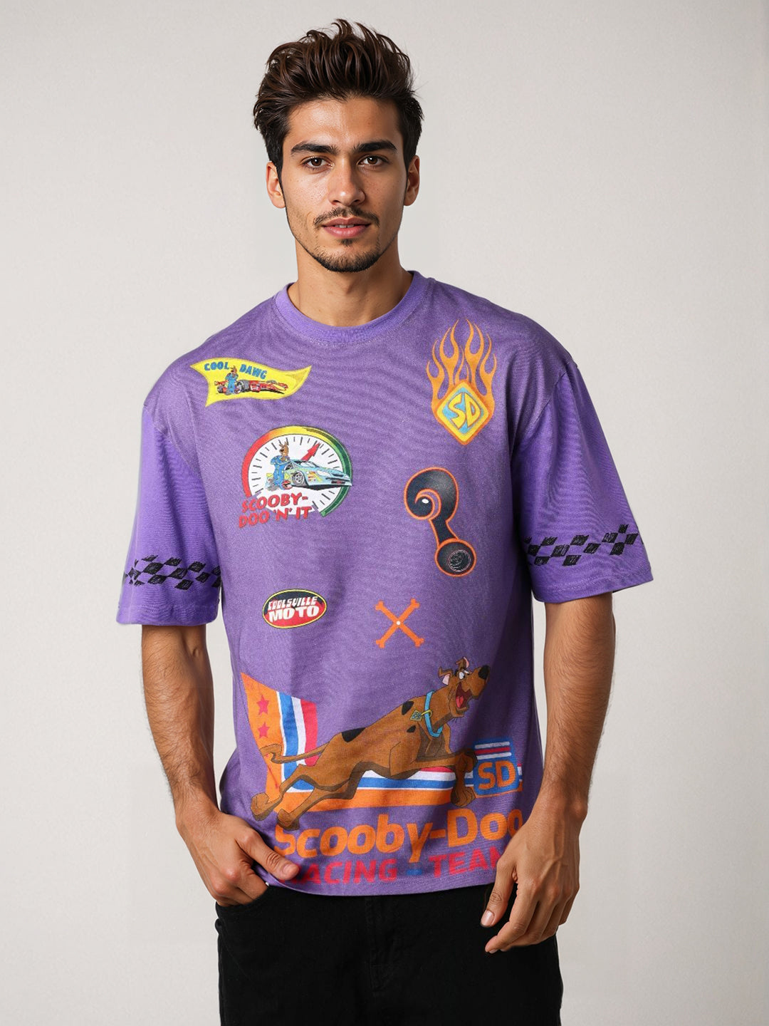 Men's Purple Boxy Fit Scooby-Doo Character Print T-Shirt