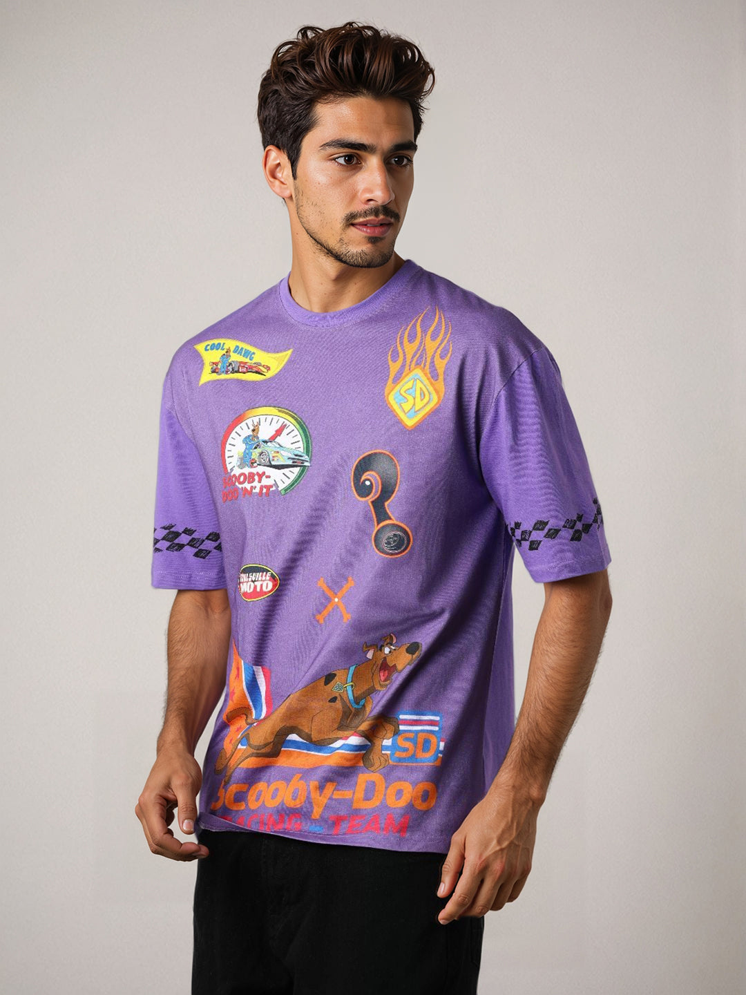 Men's Purple Boxy Fit Scooby-Doo Character Print T-Shirt