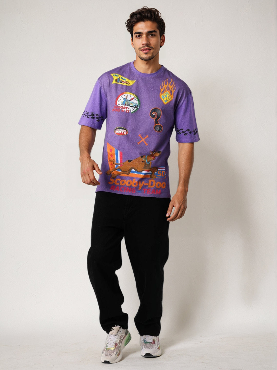Men's Purple Boxy Fit Scooby-Doo Character Print T-Shirt