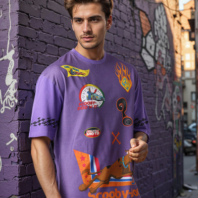 Men's Purple Boxy Fit Scooby-Doo Character Print T-Shirt