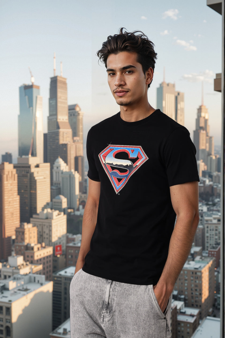 Men's Black Boxy Fit Character Print Crew Neck T-shirt