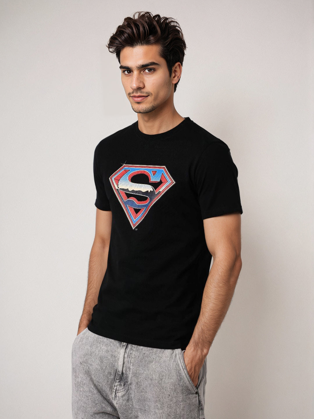 Men's Black Boxy Fit Character Print Crew Neck T-shirt