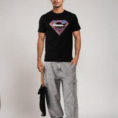 Men's Black Boxy Fit Character Print Crew Neck T-shirt