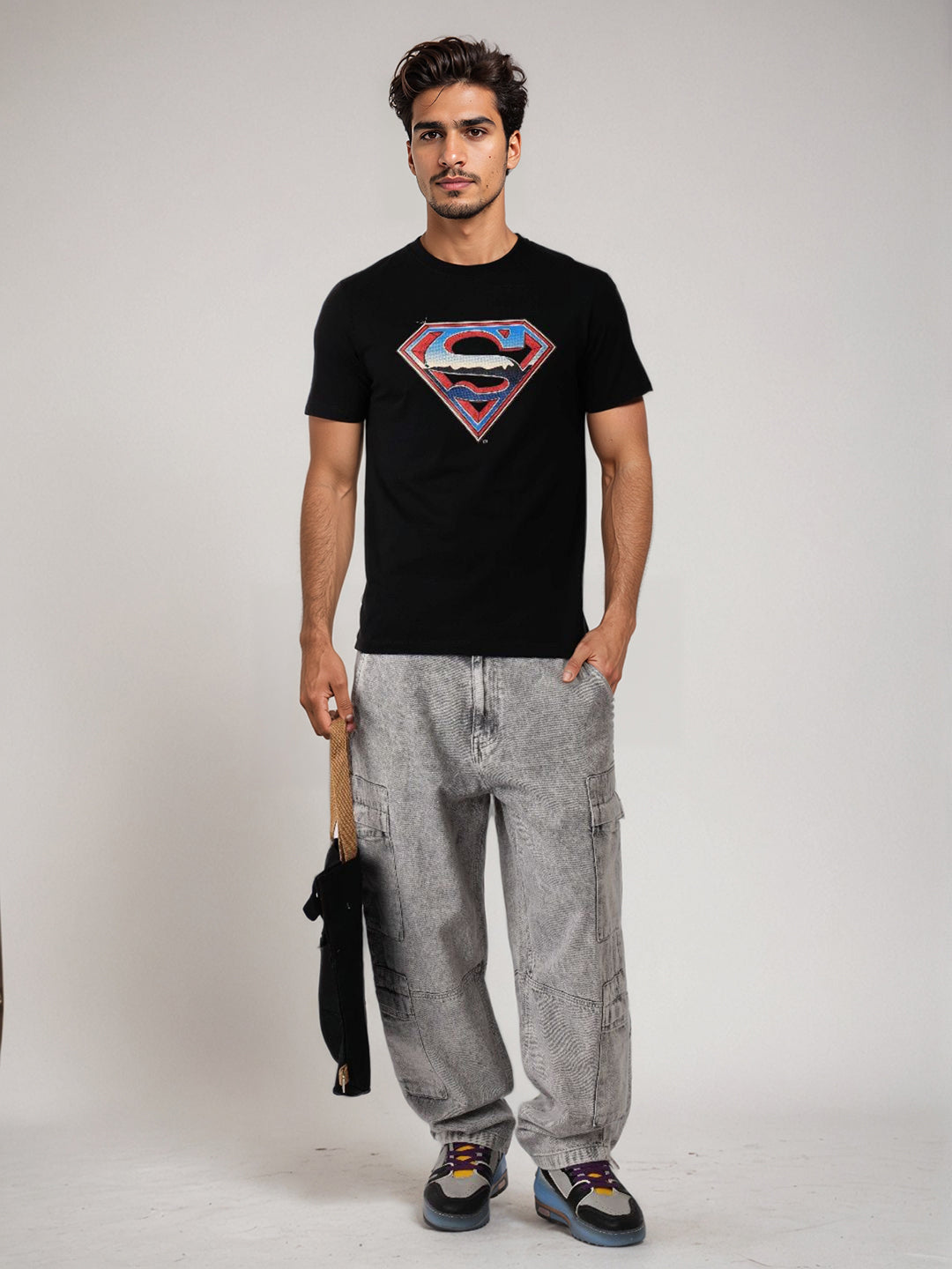 Men's Black Boxy Fit Character Print Crew Neck T-shirt