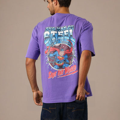 Men's Purple Boxy Fit Character Print Crew Neck T-shirt
