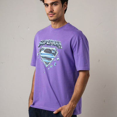 Men's Purple Boxy Fit Character Print Crew Neck T-shirt