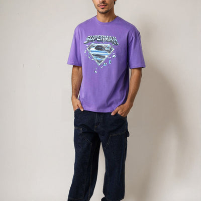 Men's Purple Boxy Fit Character Print Crew Neck T-shirt
