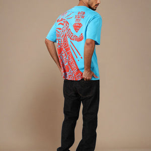 Men's Blue Boxy Fit Character Print Crew Neck T-shirt