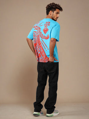Men's Blue Boxy Fit Character Print Crew Neck T-shirt