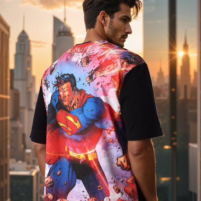 Men's Black Boxy Fit Superman Character Back Print T-Shirt