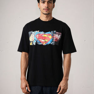 Men's Black Boxy Fit Superman Character Back Print T-Shirt