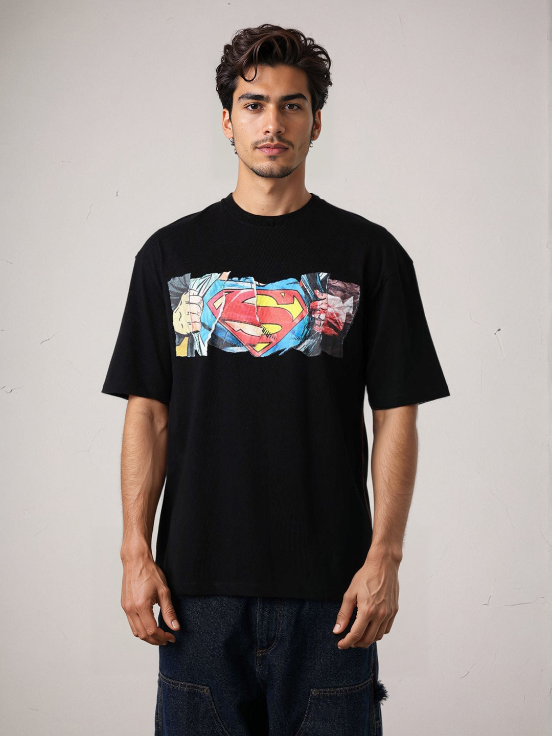 Men's Black Boxy Fit Superman Character Back Print T-Shirt