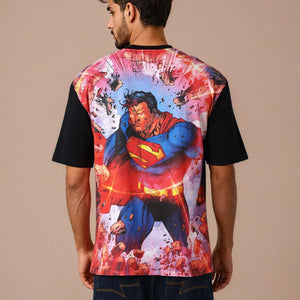 Men's Black Boxy Fit Superman Character Back Print T-Shirt