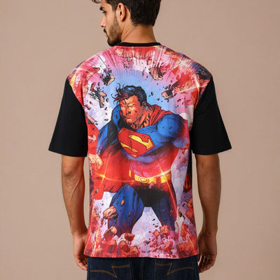 Men's Black Boxy Fit Superman Character Back Print T-Shirt
