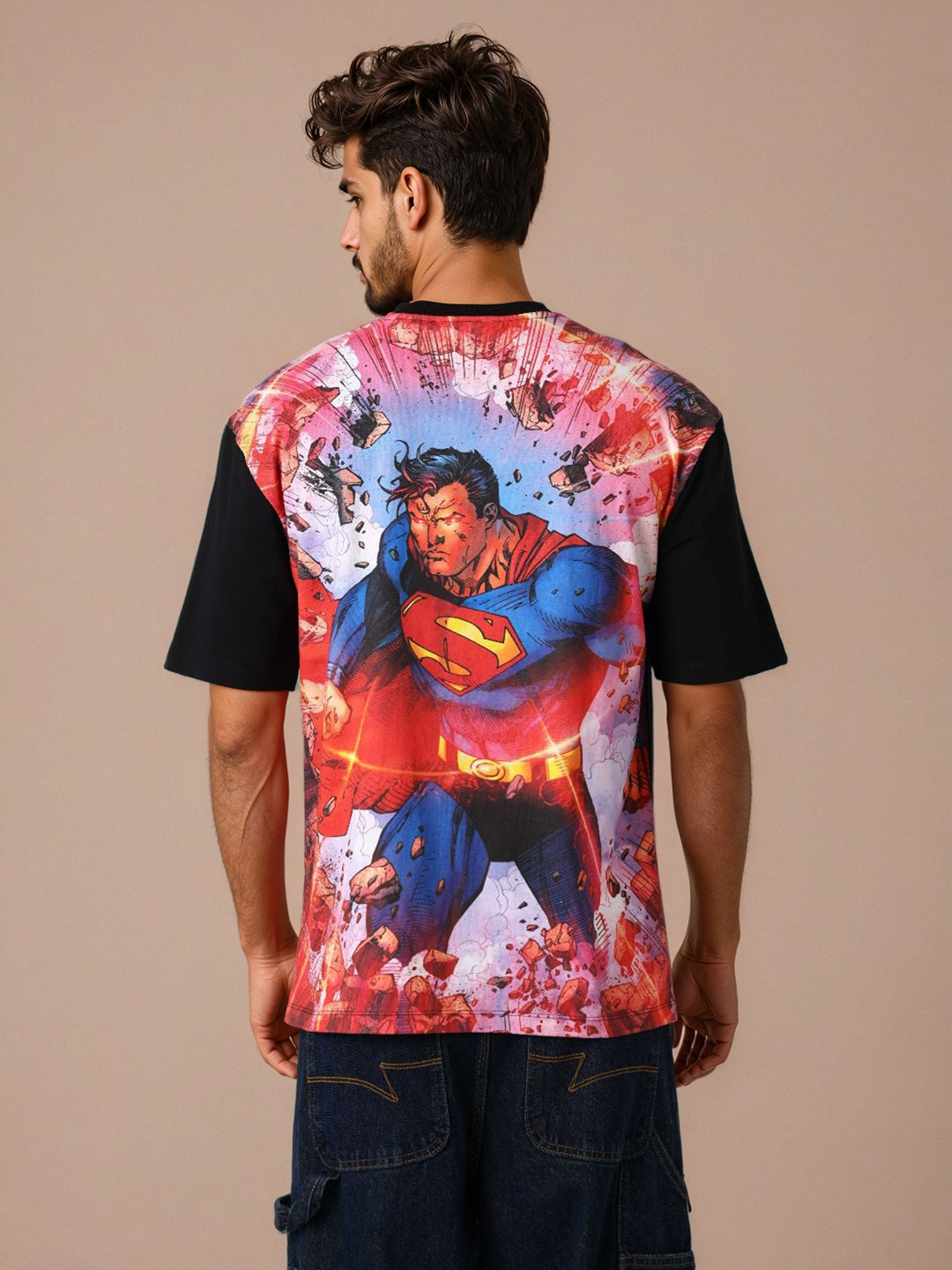 Men's Black Boxy Fit Superman Character Back Print T-Shirt