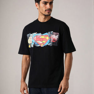 Men's Black Boxy Fit Superman Character Back Print T-Shirt