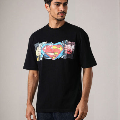 Men's Black Boxy Fit Superman Character Back Print T-Shirt