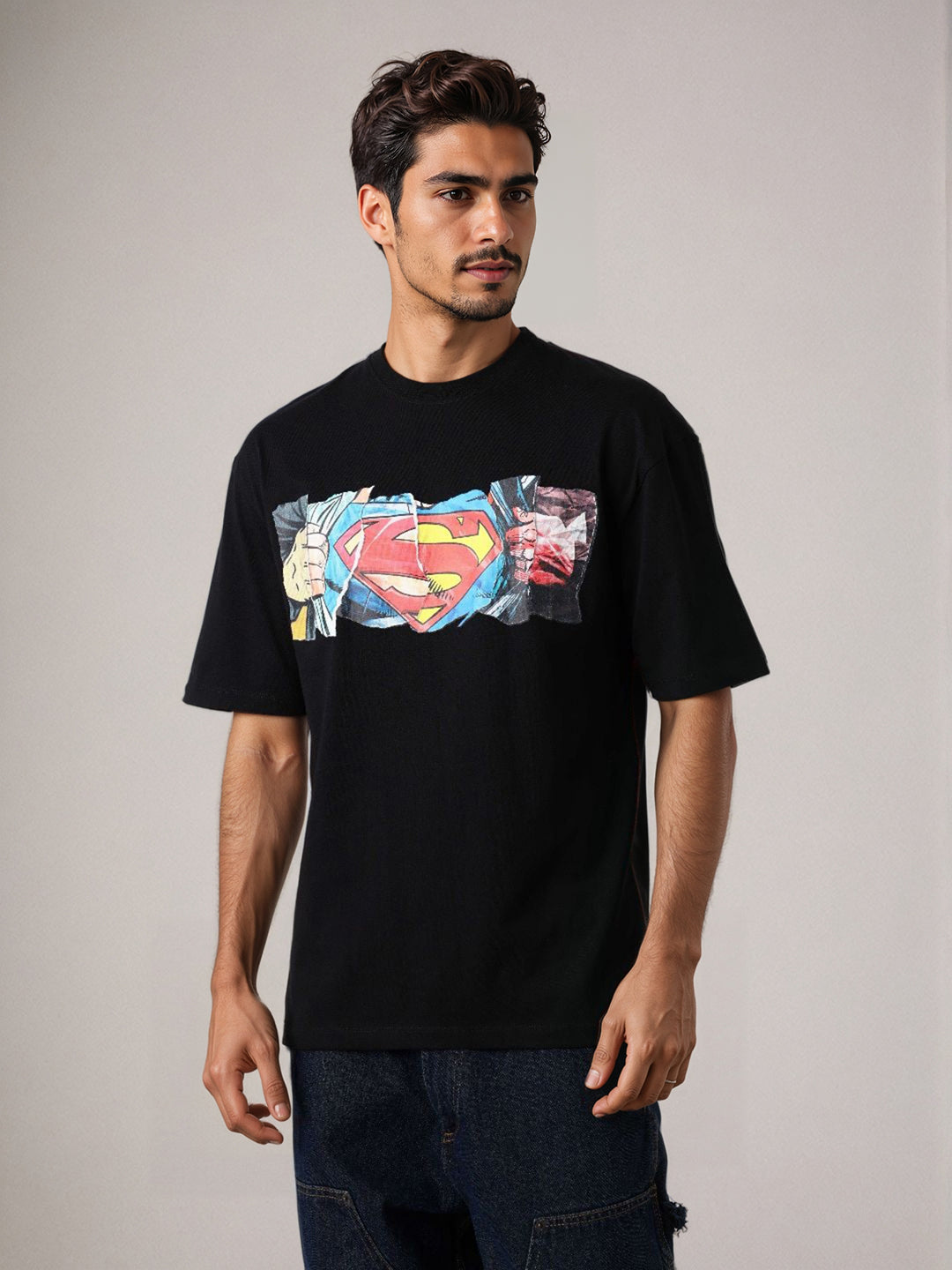 Men's Black Boxy Fit Superman Character Back Print T-Shirt