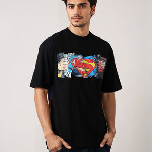 Men's Black Boxy Fit Superman Character Back Print T-Shirt