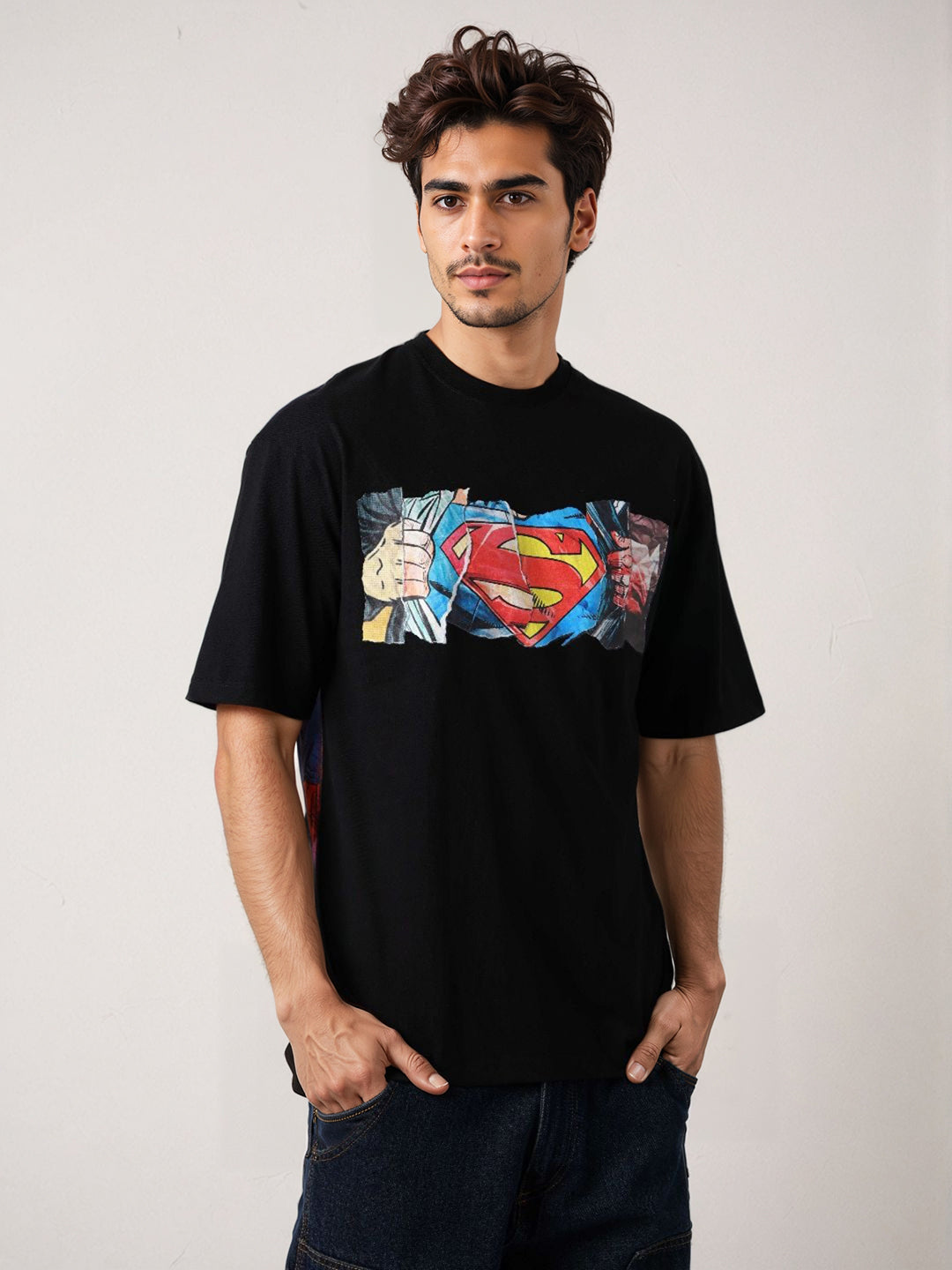 Men's Black Boxy Fit Superman Character Back Print T-Shirt