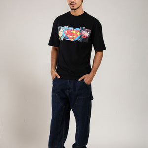 Men's Black Boxy Fit Superman Character Back Print T-Shirt