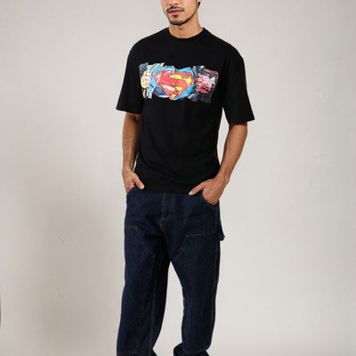 Men's Black Boxy Fit Superman Character Back Print T-Shirt