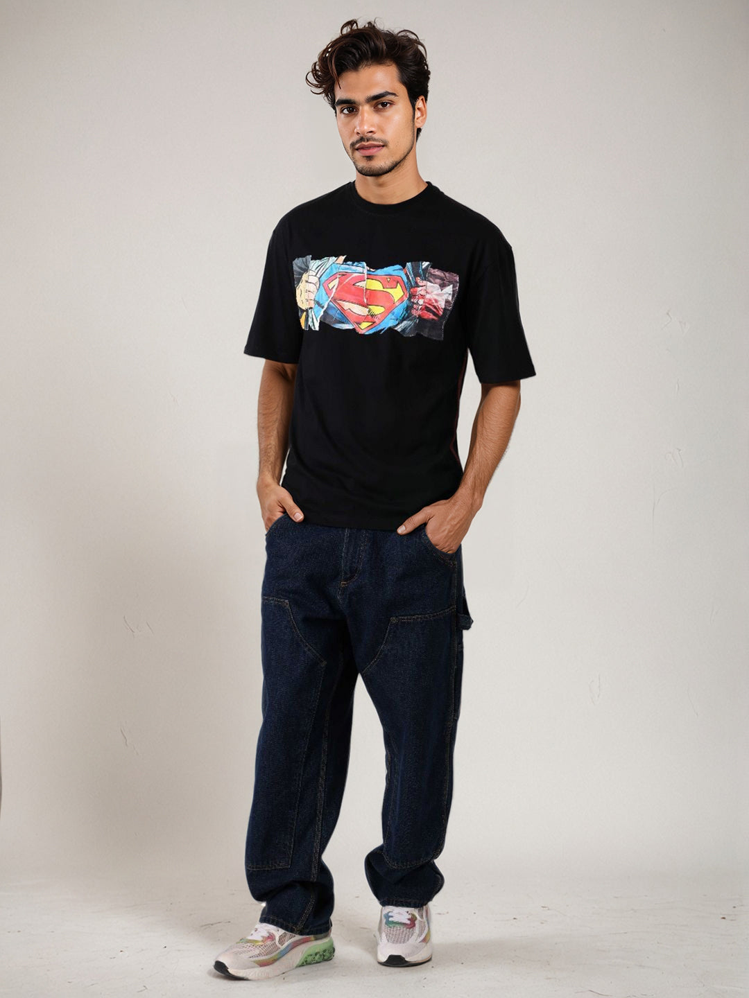 Men's Black Boxy Fit Superman Character Back Print T-Shirt