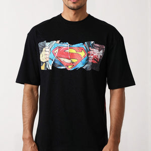 Men's Black Boxy Fit Superman Character Back Print T-Shirt