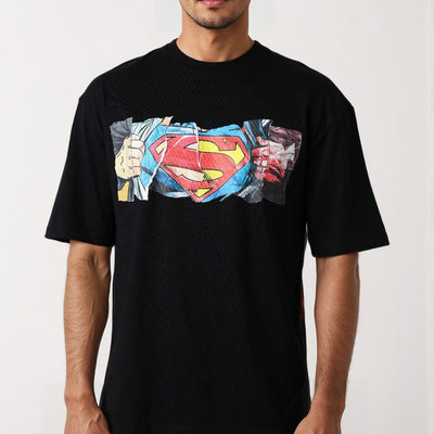 Men's Black Boxy Fit Superman Character Back Print T-Shirt