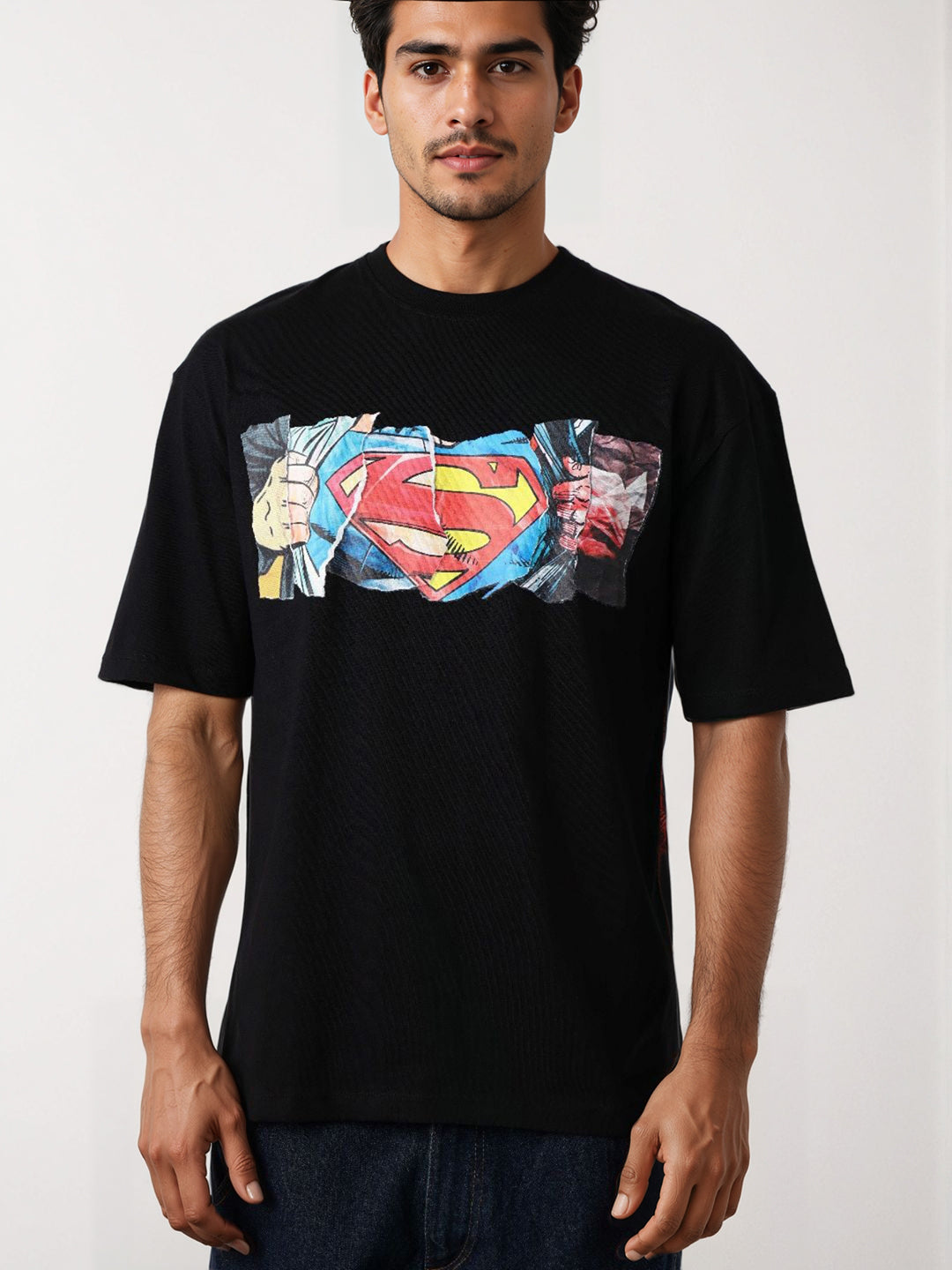 Men's Black Boxy Fit Superman Character Back Print T-Shirt
