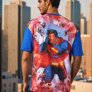 Men's Blue Boxy Fit Superman Character Back Print T-Shirt