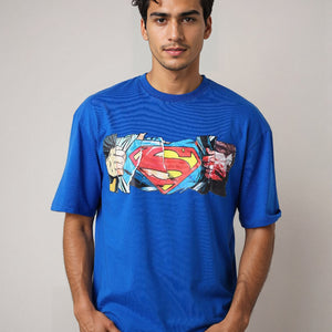 Men's Blue Boxy Fit Superman Character Back Print T-Shirt