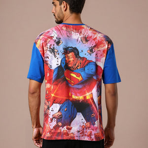 Men's Blue Boxy Fit Superman Character Back Print T-Shirt