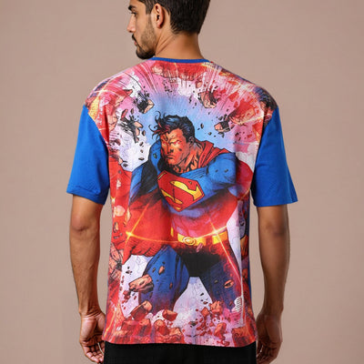 Men's Blue Boxy Fit Superman Character Back Print T-Shirt