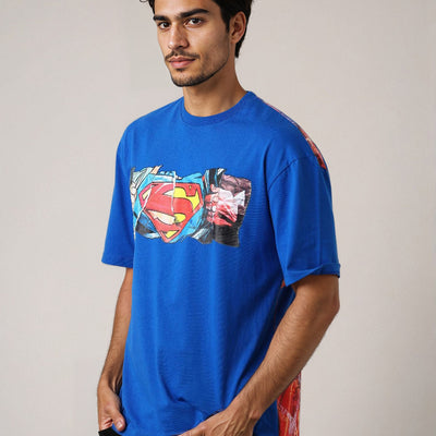 Men's Blue Boxy Fit Superman Character Back Print T-Shirt