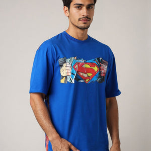 Men's Blue Boxy Fit Superman Character Back Print T-Shirt