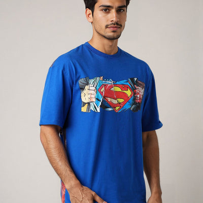 Men's Blue Boxy Fit Superman Character Back Print T-Shirt